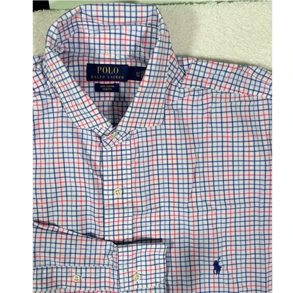 Polo Ralph Lauren Mens XLT Tall Cotton Stretch Check Button Down Shirt Blue Pink